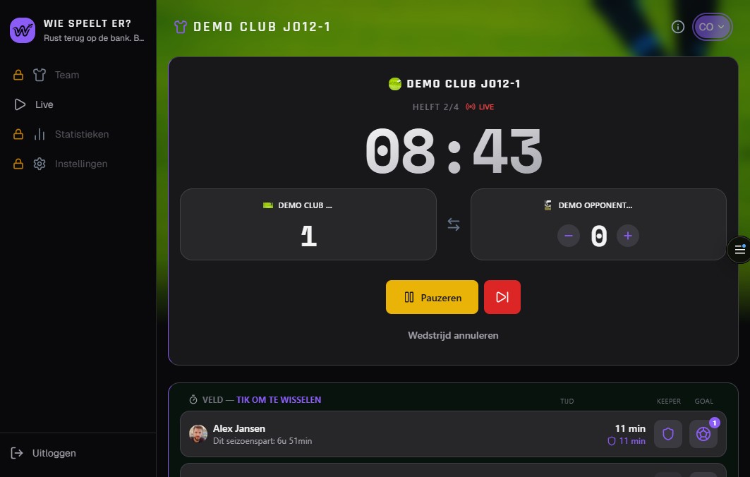 Coach, assistent en fan: wedstrijd live en speeltijd in de app