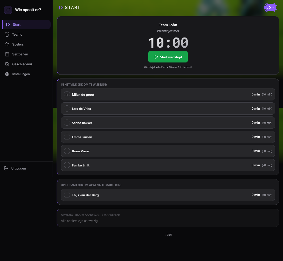 Coach, assistent en fan: wedstrijd live en speeltijd in de app